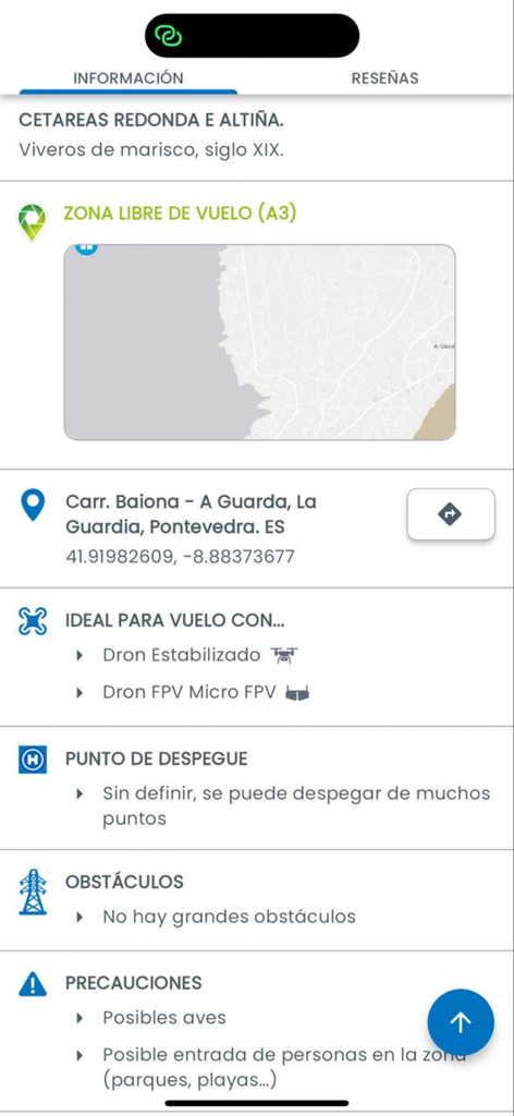 VUELA DRONES - Interface de l'application VUELA DRONES affichant des informations détaillées sur un spot de vol de drone légal, y compris une carte et des précautions de sécurité.