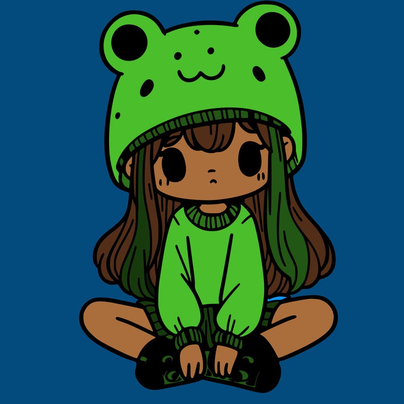 a girl wearing a frog hat and some frog socks