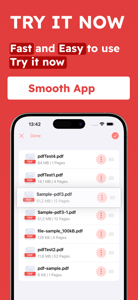 Combine & Merge PDF Converter - Oberfläche der Combine and Merge PDF-App, die eine Liste von PDF-Dateien zeigt, die auf einem iPhone zusammengeführt werden sollen.