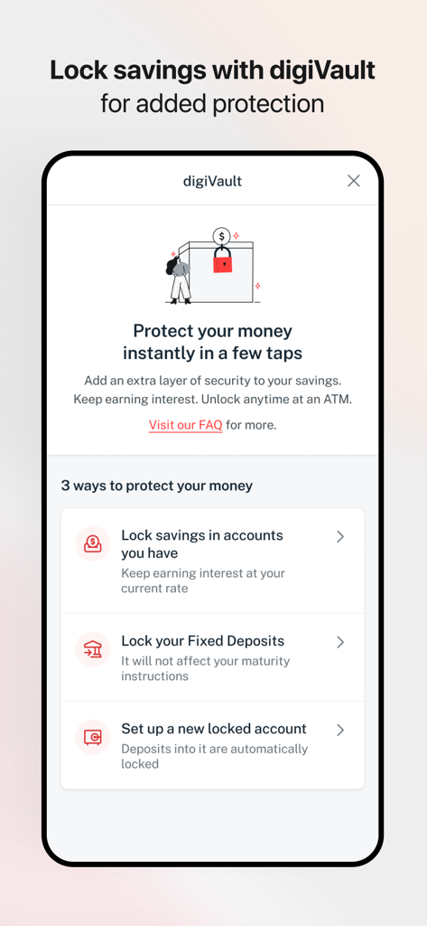 DBS digibank - DBS digibank app screen explaining digiVault features for locking savings and fixed deposits with extra protection.