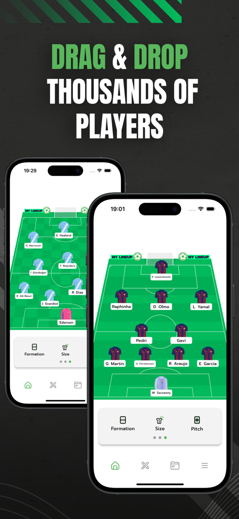 My Lineup - Lineup Builder - Two mobile phone screens displaying the My Lineup app interface with soccer player formations and custom kits on a green pitch.