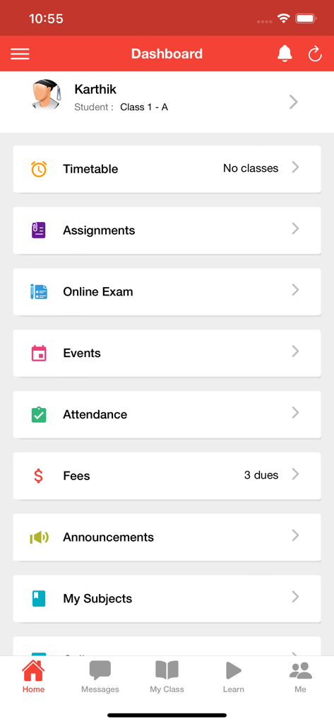 Tableau de bord de l'application Fedena Connect pour les étudiants montrant les devoirs et les frais de l'emploi du temps