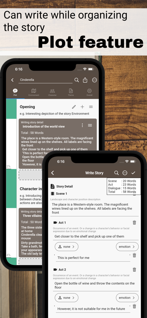 Story Plotter mobile app interface displaying the plot feature and story writing tools with act structures and word counts