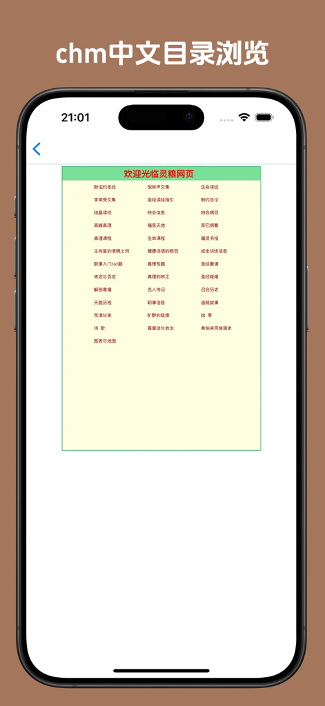 CHM-Master app interface showing a document directory on an iPhone screen.