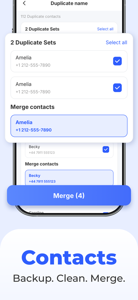 CleanerMate-Storage Ai cleaner - Interface showing the contact merge feature in CleanerMate app to remove duplicate entries and organize phone storage