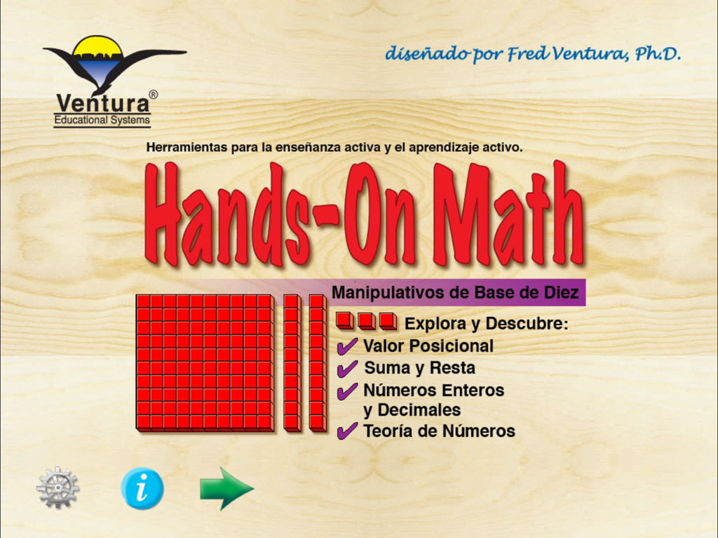 Base Ten Blocks ES - La pantalla de introducción en español de la aplicación educativa Hands-On Math Base Ten Blocks.