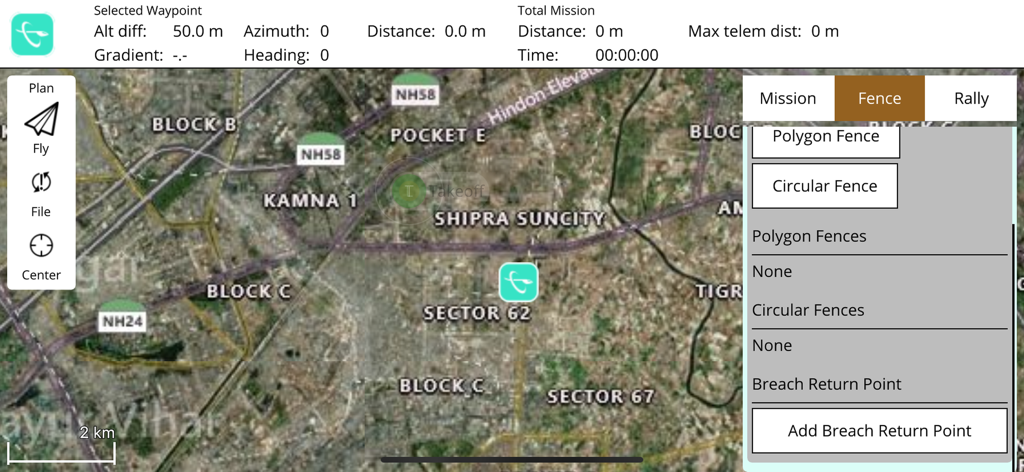 ANRA QGroundControl - Drone mission planning interface with geofencing options on a satellite map