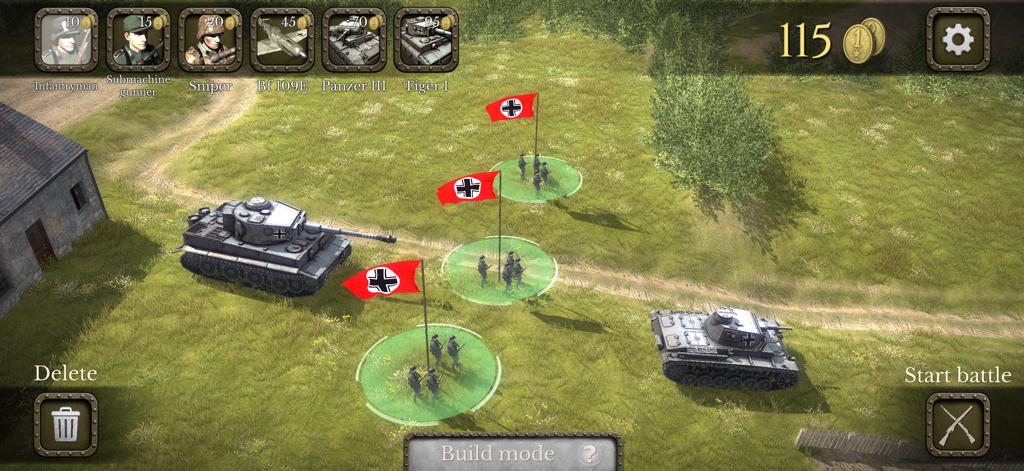 Battlefront Europe: WW2 Heroes - Pantalla del modo de construcción sandbox con tanques y soldados en Battlefront Europe WW2 Heroes