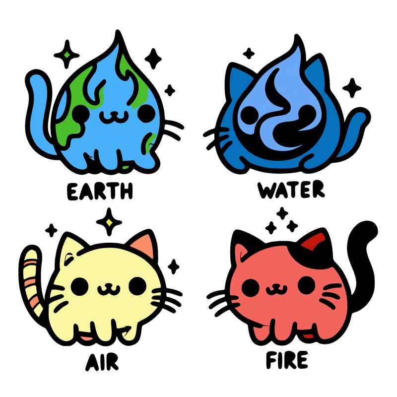 4 cats that represent the different elements, earth, water, air, and fire