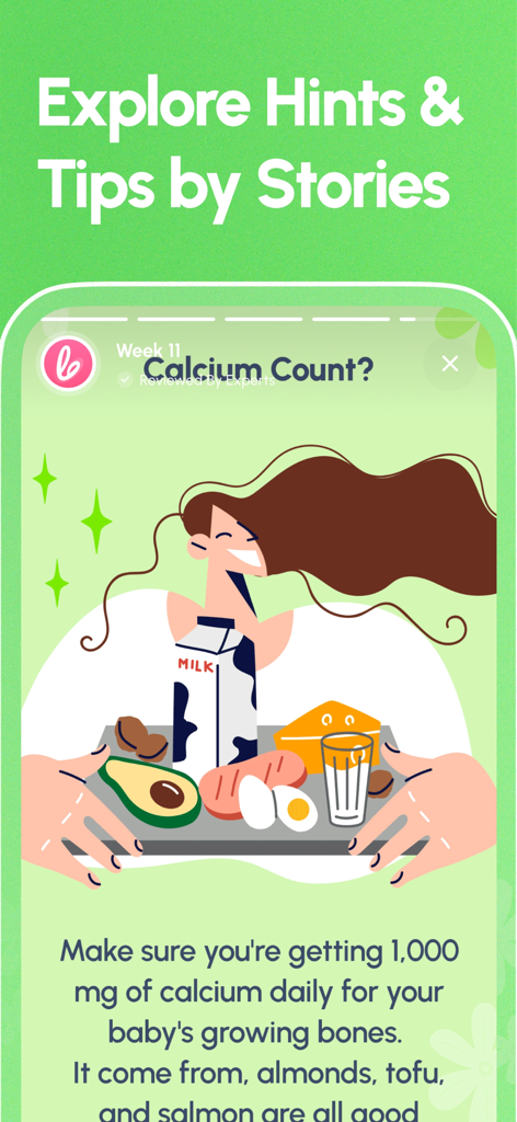 Pregnancy Tracker - Lifeing - A colorful story screen from the Lifeing app providing nutrition advice about calcium during pregnancy.