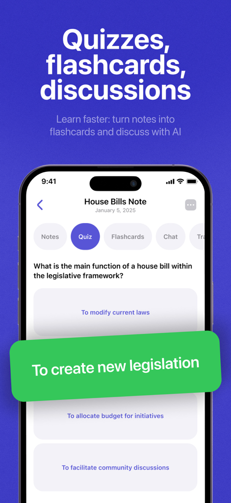 Lecture AI Note Taker, Summary - Smartphone exibindo um quiz gerado por IA no aplicativo Notimo com base em anotações de aula sobre contas domésticas