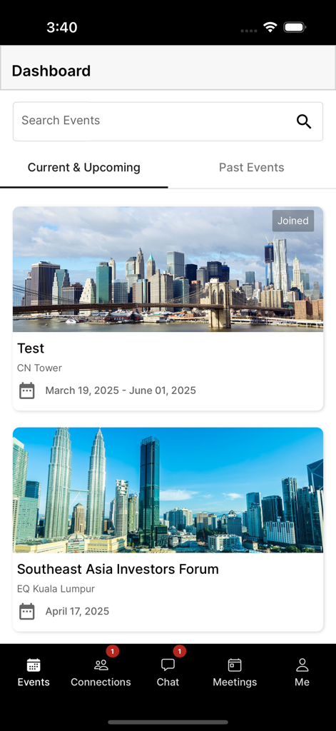 Markets Group - The dashboard of the Markets Group app showing a list of upcoming investment forums with event locations and dates.