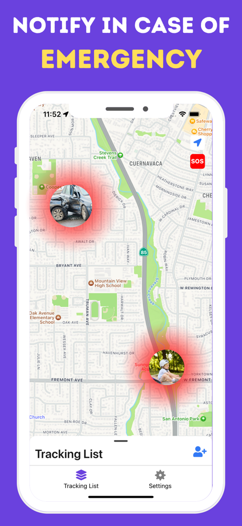 xFind・Location Find from Phone - xFind app interface showing a map with emergency SOS notifications for family members