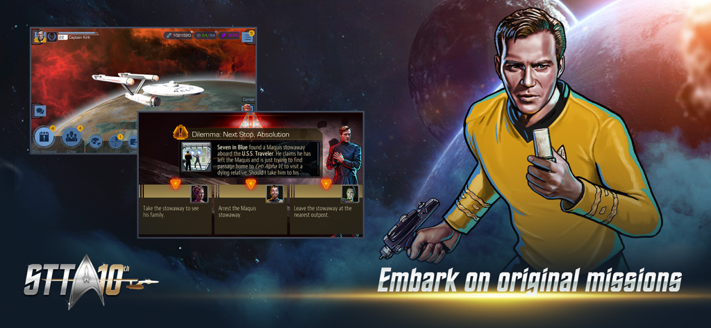 Star Trek Timelines - El capitán Kirk y el USS Enterprise en una escena de Star Trek Timelines que muestra opciones de misión