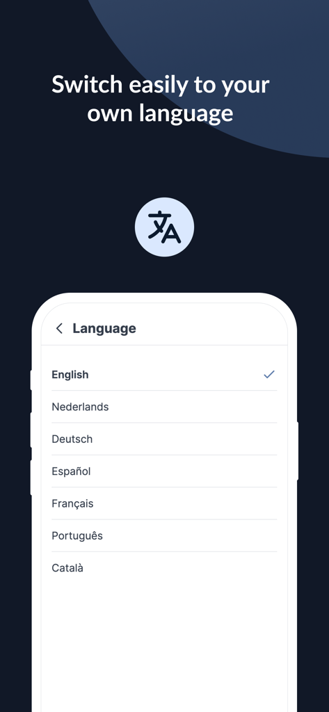 Language selection screen in the MoreApp Forms mobile app showing multiple language options like English and Spanish