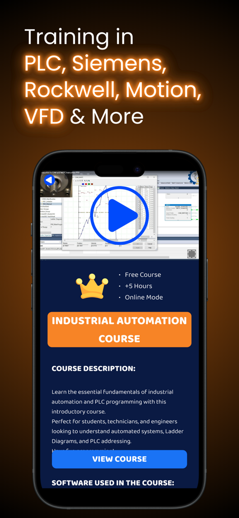 Interfaz de aplicación móvil para un curso de automatización industrial que presenta formación y simulación de PLC para Siemens y Rockwell