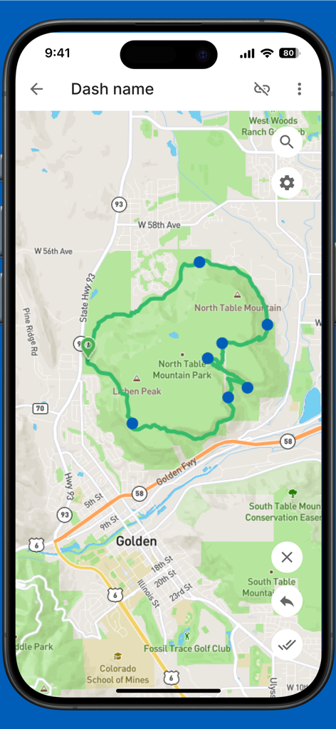 Stages Cycling - Interfaz de mapa en la aplicación Stages Cycling que muestra una ruta de ciclismo con puntos de referencia cerca de Golden, Colorado.