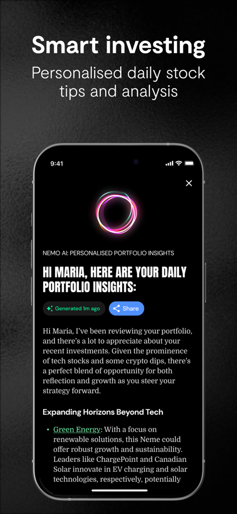 Invest & Trade : Nemo Money - Nemo Money app screen showing AI generated daily portfolio insights and smart investing tips