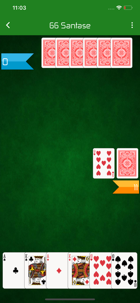 Gameplay screen of the 66 Santase card game showing cards on a green table