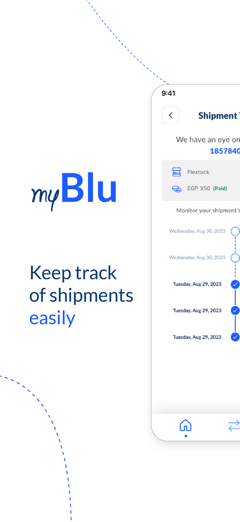 myBlu - Interfaccia dell'app myBlu che mostra una timeline di tracciamento spedizioni e aggiornamenti di stato