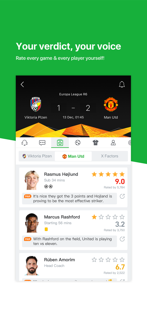 All Football - Soccer scores - Una pantalla de la aplicación All Football donde los usuarios pueden calificar a jugadores de fútbol y entrenadores y dejar comentarios después de un partido