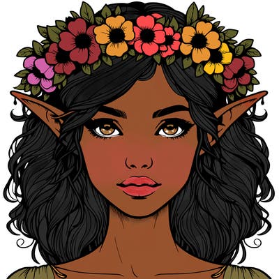 realistic female elf with flower crown
