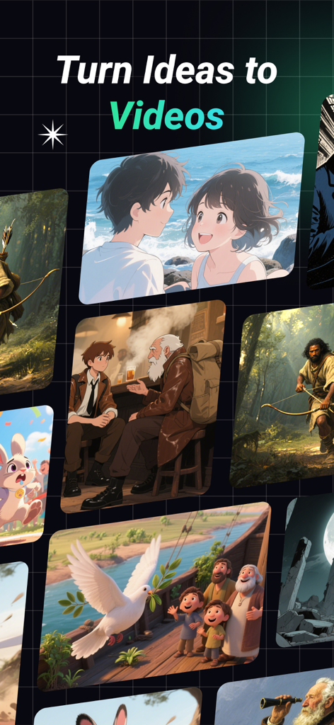 Creafy – AI Design Agent - 様々なAI生成動画スタイルとキャラクターを表示するCreafyアプリのインターフェース