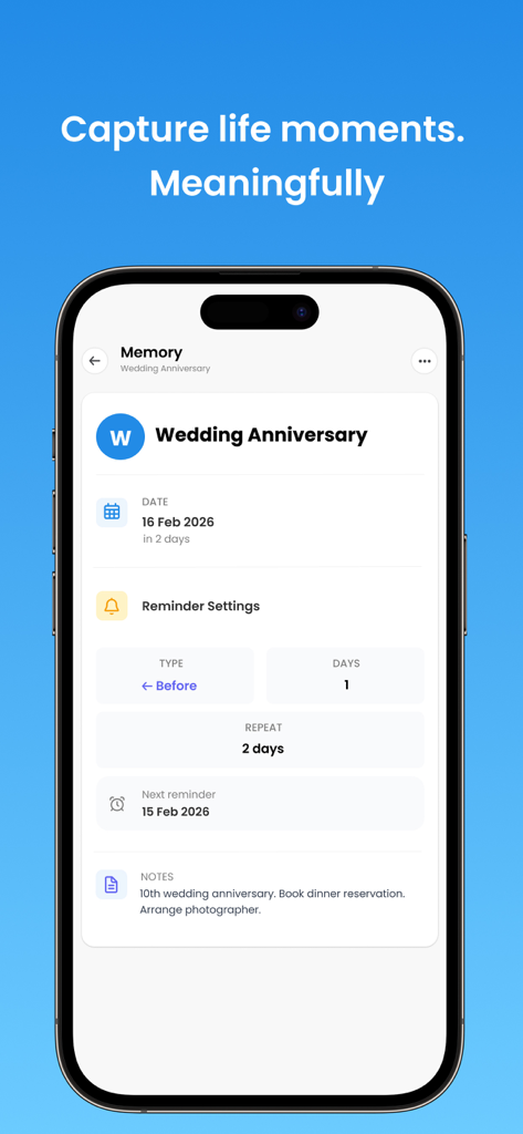Nexpenz: Smart Money Manager - Pantalla de la aplicación Nexpenz que muestra la función del Libro de Recuerdos con un evento de aniversario de bodas y configuraciones de recordatorios personalizados.