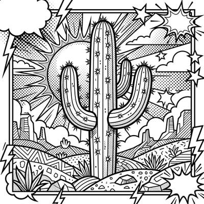 Dive into the vibrant world of Pop Art with this exciting Saguaro cactus coloring page, featuring bold outlines and dynamic comic book elements. It's a fantastic way to bring the desert's iconic beauty to life with a modern, energetic twist.