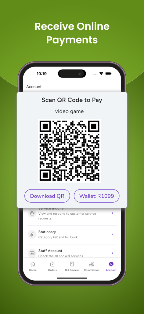 Vendor - Global Garner - Global Garner Vendor app interface displaying a QR code for merchants to receive online payments
