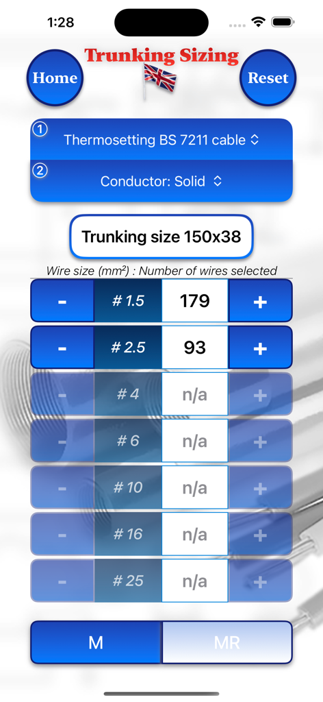 Conduit Filler - Electrical trunking sizing calculator interface for British standard cables and conductor quantities