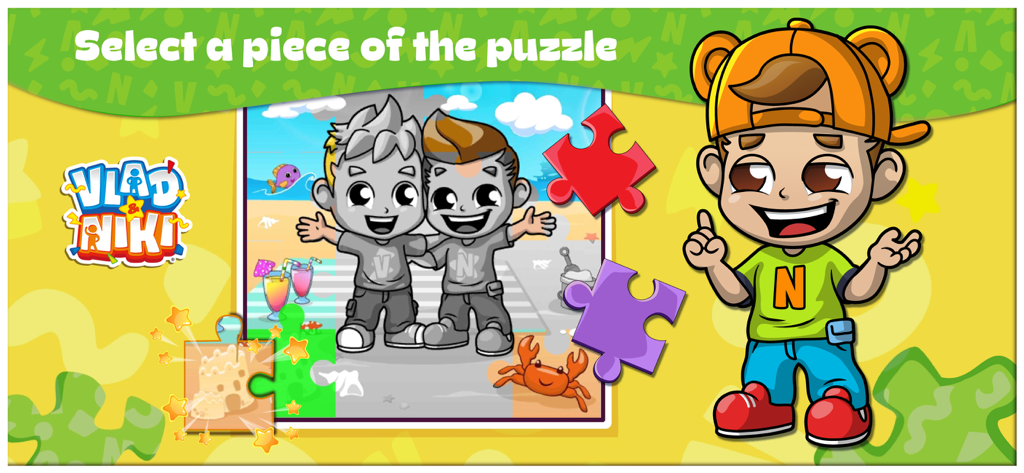 A jigsaw puzzle screen in the Vlad and Niki Piano app featuring the main characters at the beach with beach themed puzzle pieces