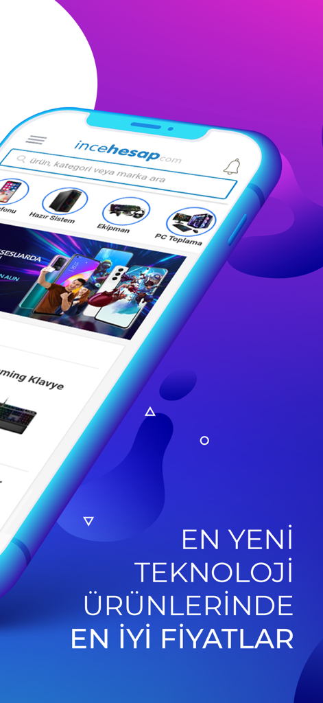 Incehesap mobile app homepage featuring PC components and gaming gear.