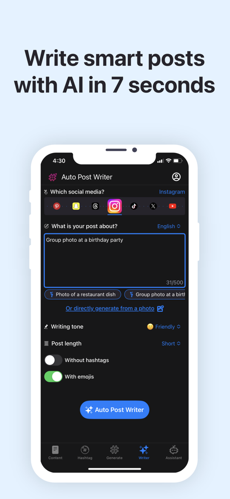 Hashtag Smart: AI Like Booster - Pantalla de la app Hashtag Smart que muestra la función AI Auto Post Writer para generar descripciones para redes sociales