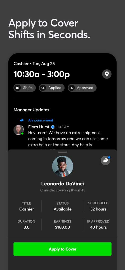 Shyft - Shift Swap, Schedule - Shyft App Benutzeroberfläche zeigt, wie man sich für offene Arbeitsschichten bewirbt und potenzielle Einnahmen einsehen kann.