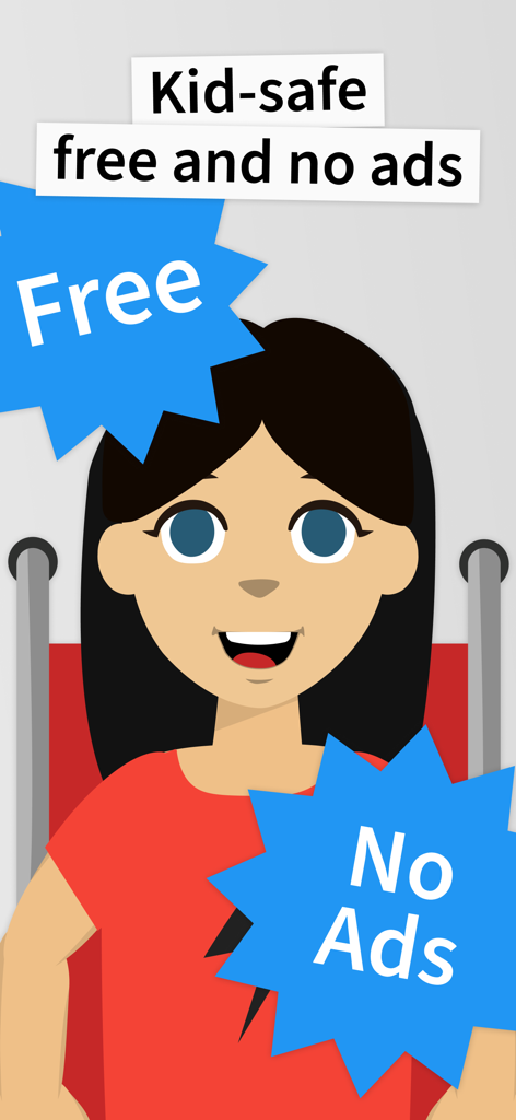 Um avatar de menina de desenho animado mostrando que o aplicativo de aprendizagem ANTON é seguro para crianças, gratuito e não tem anúncios.