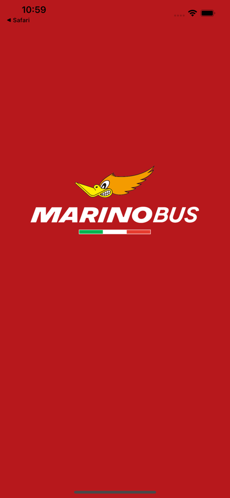 Pantalla de inicio de la aplicación MarinoBus con el logotipo del pájaro amarillo y los colores de la bandera italiana sobre un fondo rojo
