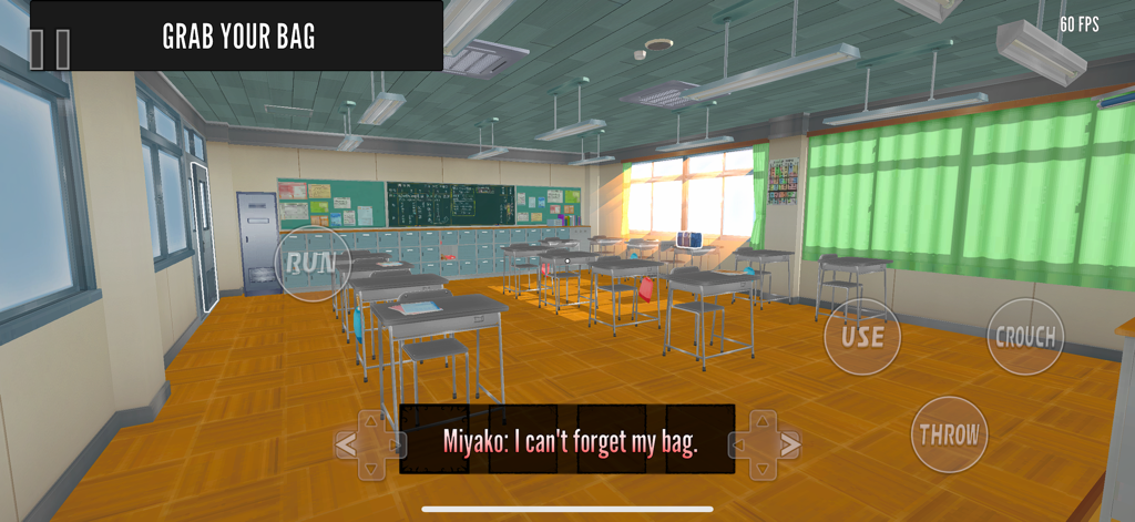 Fragmented Fear - A gameplay screenshot of Fragmented Fear showing a Japanese school classroom in a retro PS2 style with mobile touch controls