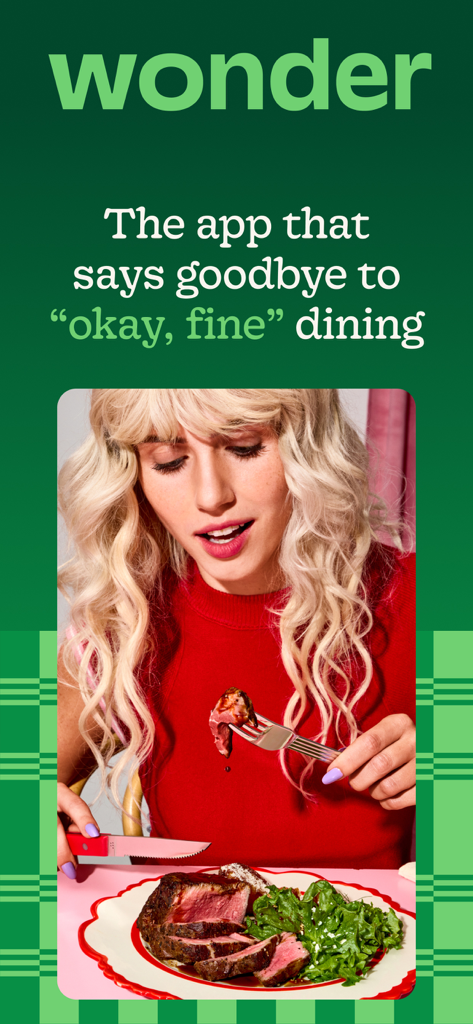 Wonder: Food Delivery - Una donna che gusta una bistecca gourmet dall'app Wonder.