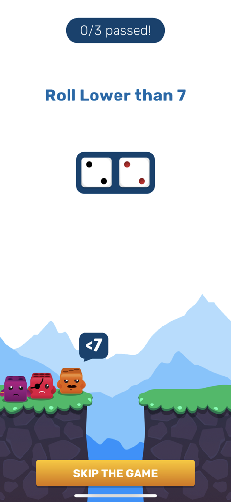 GoDice™ - GoDice app screenshot of a math game challenge to roll lower than seven with colorful characters