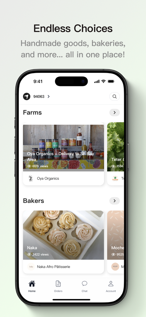 Mobile interface of Airmart app featuring local farms and bakers with options for handmade goods and pastries