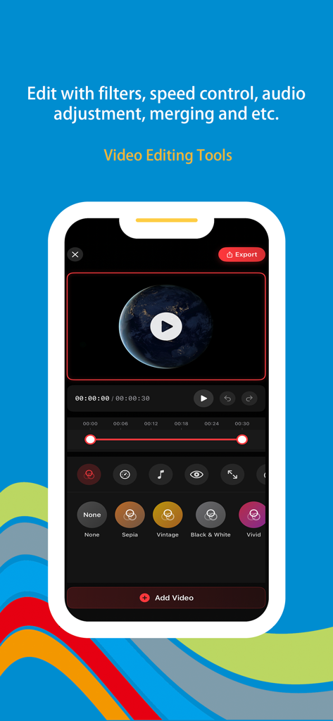 Wonder Rec - Screen Recorder - Wonder Rec mobile app video editing interface showing filters and timeline on an iPhone