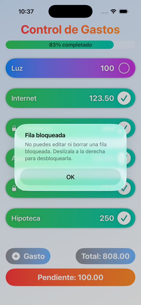 Control de Gastos Sencillo - Interfaz de aplicación móvil que muestra una lista de gastos con un mensaje emergente de fila bloqueada en español
