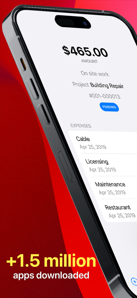 Expenses for Business - iPhone-Bildschirm mit einer Übersicht über ausstehende Geschäftsausgaben für ein Reparaturprojekt mit einem Gesamtbetrag von 465 Dollar.
