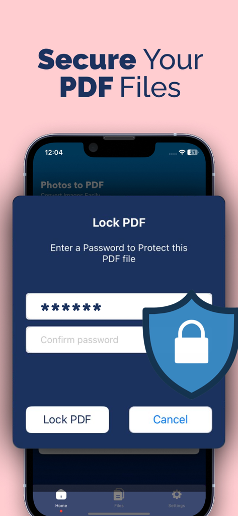 PDF Photos - JPG to PDF - Pantalla de smartphone mostrando una función de protección con contraseña para asegurar archivos PDF en la aplicación PDF Photos