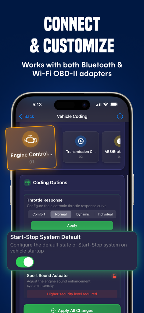 Torque Pro : OBD2 Car Scanner - Smartphone che visualizza le opzioni di codifica veicolo di Torque Pro per la personalizzazione del controllo del motore e della risposta dell'acceleratore.