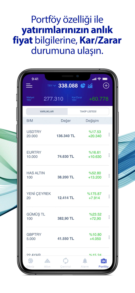 金と通貨の投資が表示されたHarem Altinアプリのポートフォリオ画面。