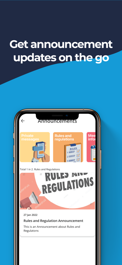 The Simple App - A smartphone showing the announcements section of The Simple App for condo residents featuring updates on rules and regulations.