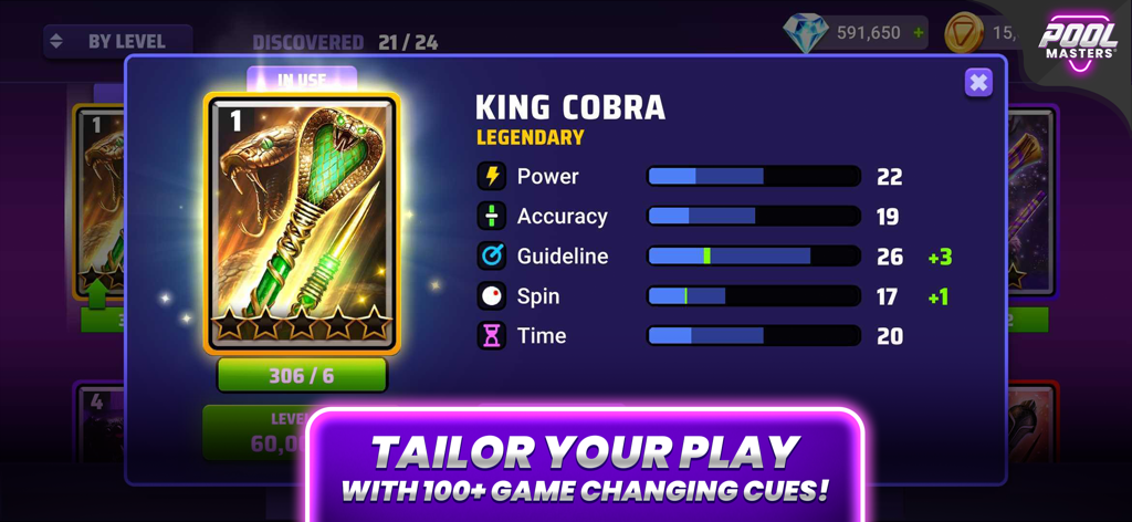 Legendary King Cobra cue stats and attributes in Pool Masters mobile game