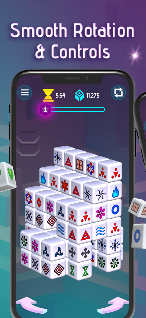 A 3D Mahjong cube puzzle on a mobile screen showing smooth rotation controls.